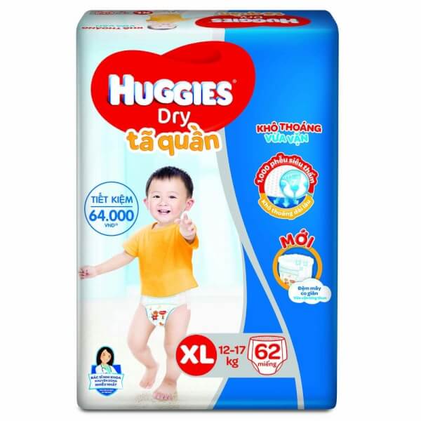 Bỉm tã quần Huggies Dry size XL 62 miếng (12-17kg)