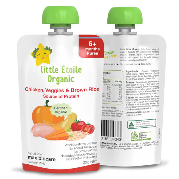 Thực phẩm dinh dưỡng hữu cơ Little Étoile Organic Chicken, Veggies & Brown Rice Source of Protein