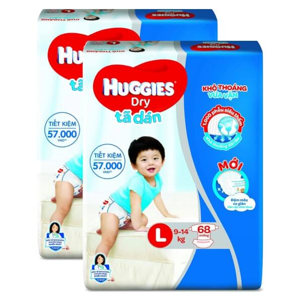 Combo 2 gói Bỉm tã dán Huggies Dry size L 68 miếng (9 – 14kg)