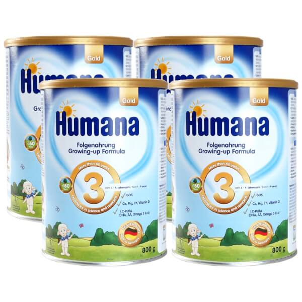 Combo 4 lon Thực phẩm bổ sung Humana Gold số 3, 1-9 tuổi, 800g