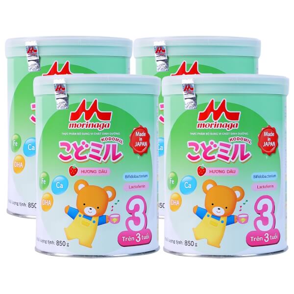 Combo 4 lon Sữa Morinaga số 3 850g hương dâu (Kodomil, trên 3 tuổi)
