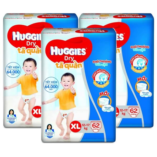 Combo 3 gói Bỉm tã quần Huggies Dry size XL 62 miếng (12-17kg)