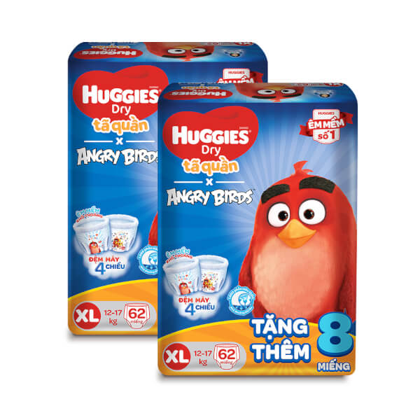 Combo 2 gói bỉm tã quần Huggies Dry (XL, 12-17kg, 62 miếng) + 8 miếng